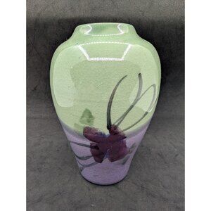 Kent Follette Art Pottery Vase Signed Abstract Floral Green Purple 6.25"